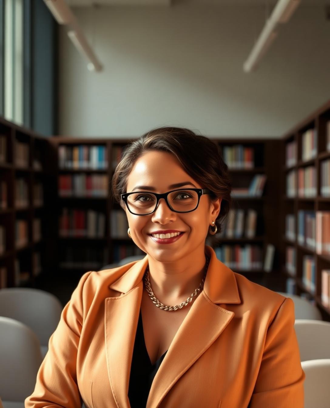 A native Spanish-speaking ESDD instructor in a light-filled library